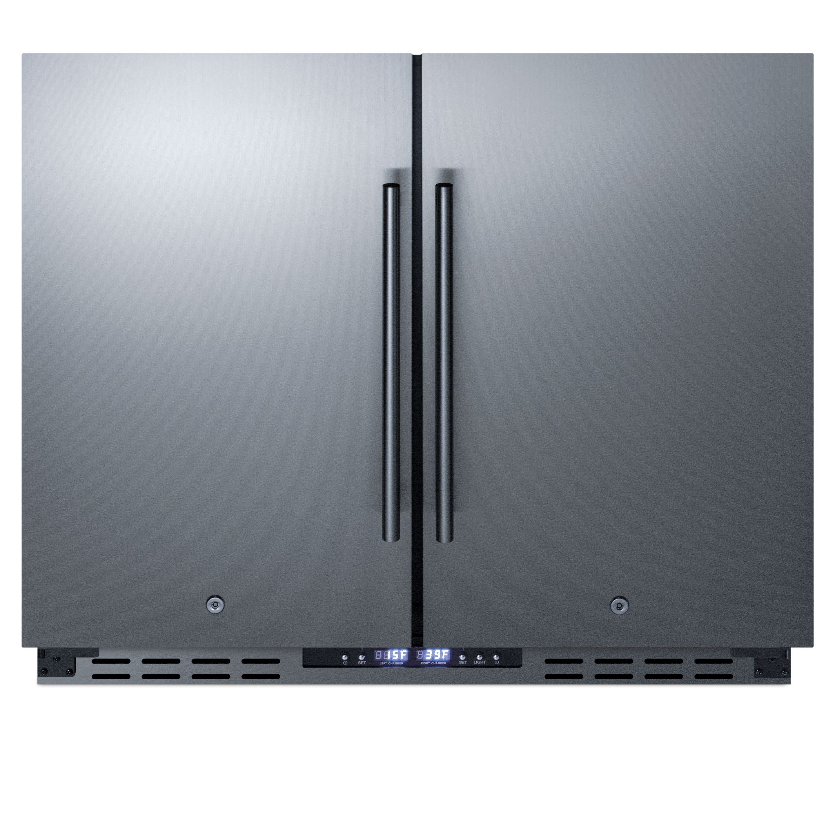 ADA compliant, commercially approved, frost-free, side-by-side refrigerator-freezer for built-in or freestanding use with two stainless steel doors, black cabinet, front-placed digital controls, and front locks